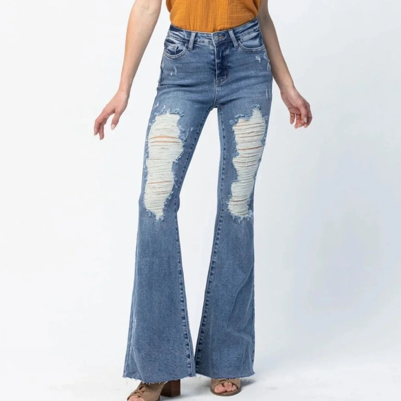 Judy Blue High Rise Flare Fit Distressed Denim Jeans Womens Size 13/31 Boho - Picture 1 of 12